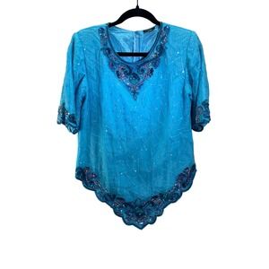 Vintage Crystals Silk Beaded Blouse Sequin Fairy‎ Elegant Turquoise No Size Tag